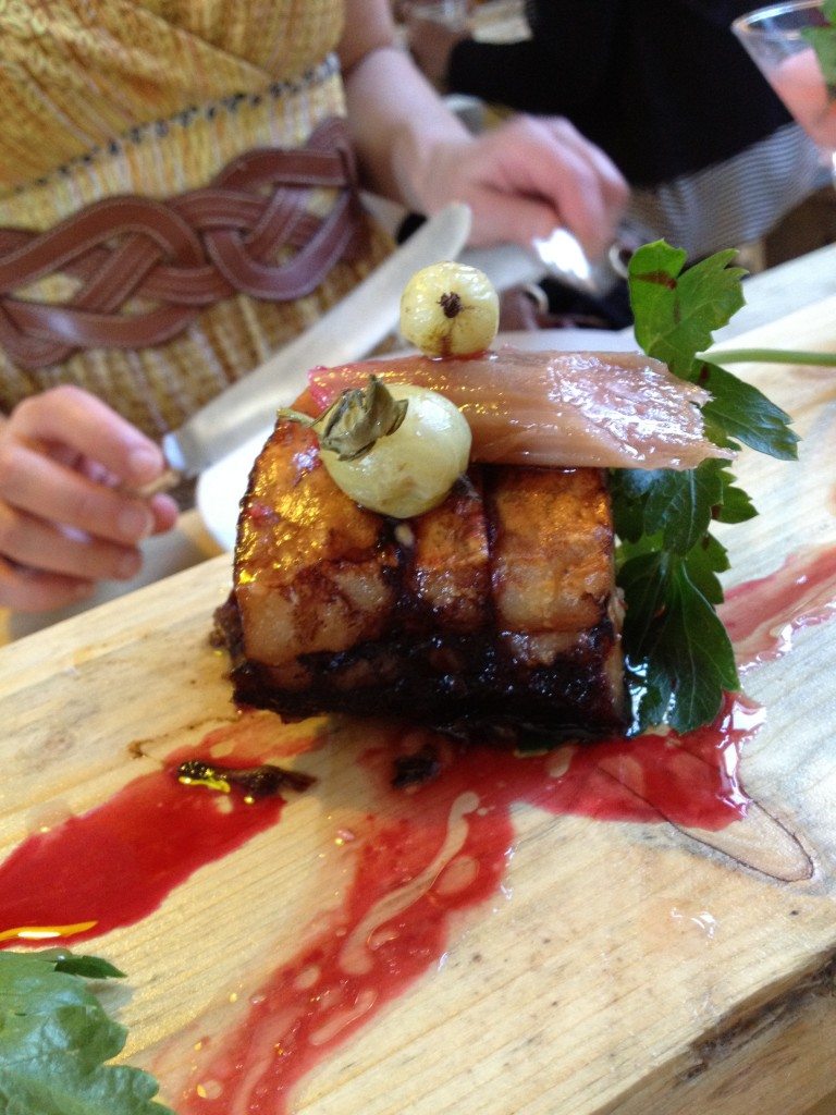 Mike+Ollie - roasted organic pork belly with roasted rhubarb & gooseberries with hibiscus syrup
